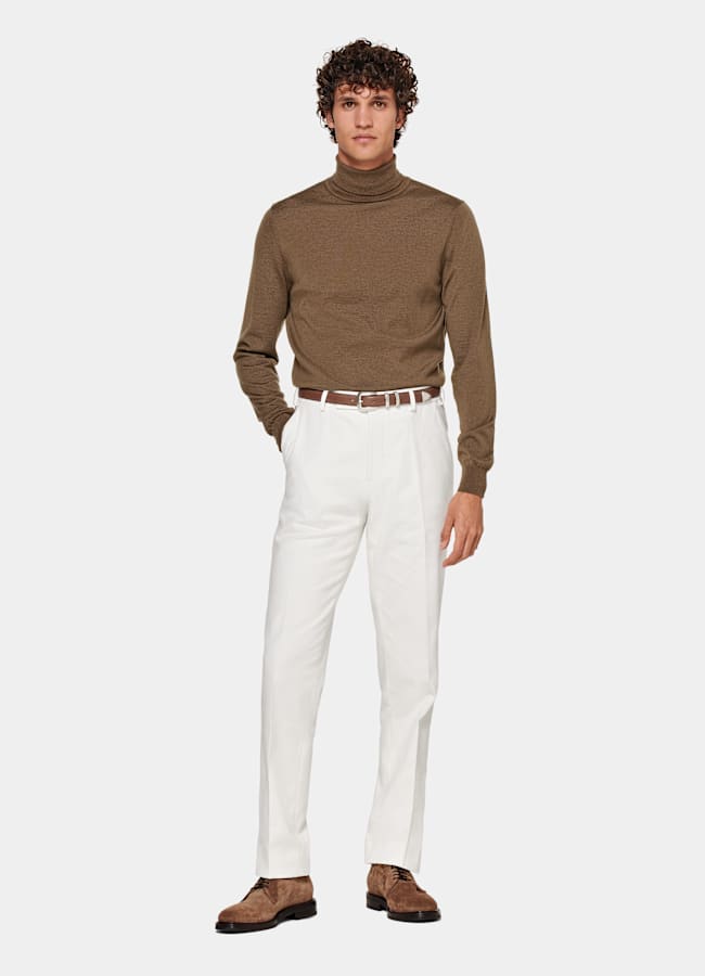 SUITSUPPLY Winter Stretch Cotton by Di Sondrio, Italy  Off-White Straight Leg Pants