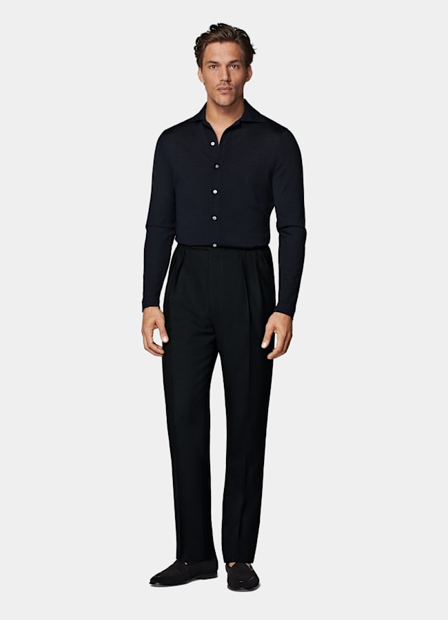 SUITSUPPLY All Season Wrinkle-Free 4-Ply Wool by Rogna, Italy  Black Wide Leg Tapered Pants