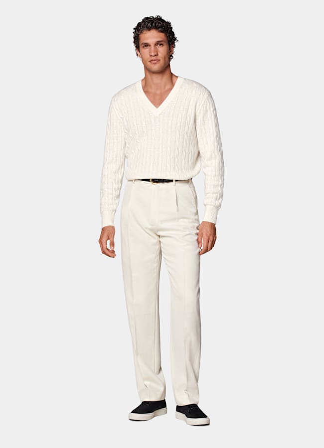 SUITSUPPLY All Season Pure Wool by Rogna, Italy Off-White Wide Leg Straight Trousers