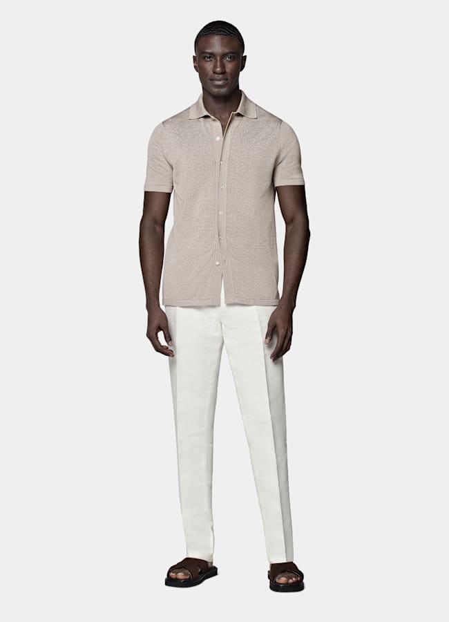 SUITSUPPLY Californian Cotton & Mulberry Silk Light Taupe Polo Cardigan