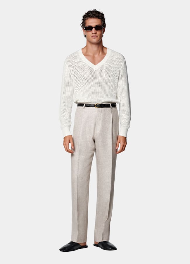 SUITSUPPLY Cotton Silk Off-White Crochet V-Neck