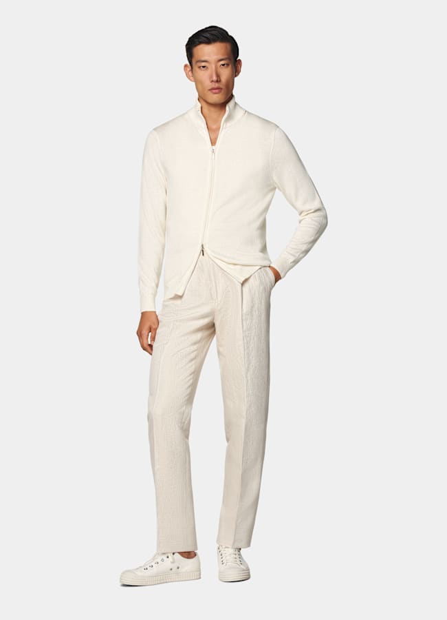 SUITSUPPLY Silk Wool Cashmere Off-White Zip Cardigan