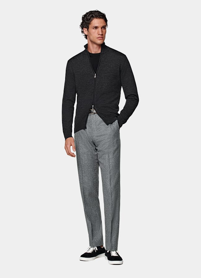 SUITSUPPLY Pure Wool Dark Grey Merino Zip Cardigan