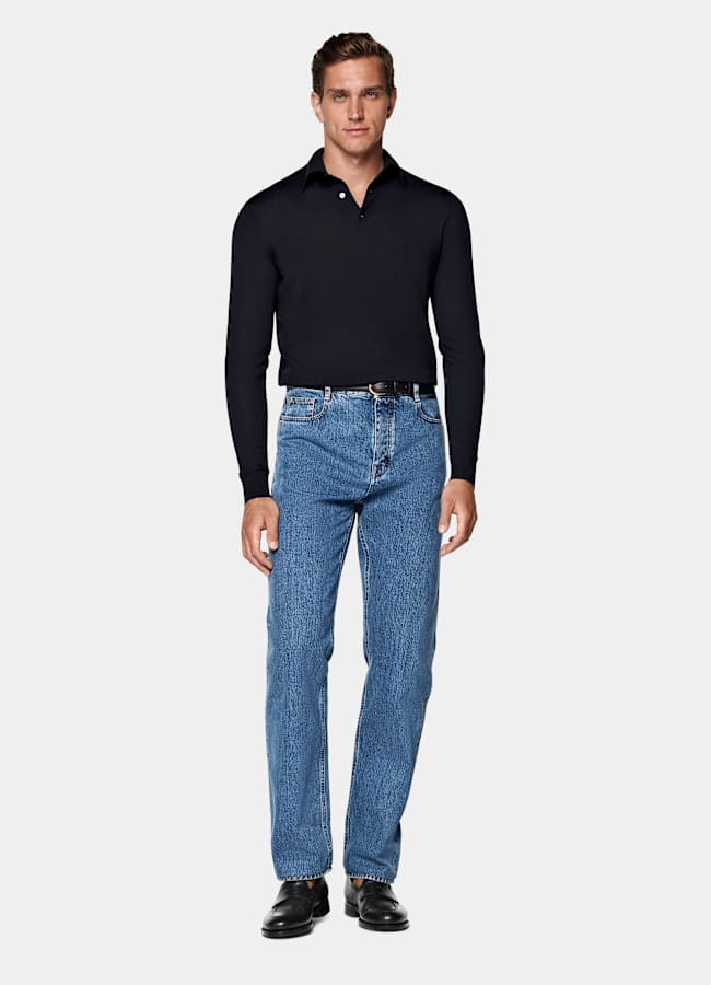 SUITSUPPLY Reine Schurwolle Merino Poloshirt Langarm navy