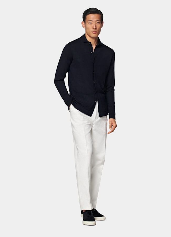 SUITSUPPLY Pure Wool Navy Merino Long Sleeve Polo Cardigan