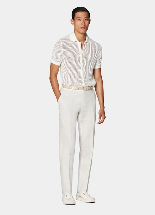 SUITSUPPLY Californian Cotton & Mulberry Silk Off-White Crochet Polo Cardigan