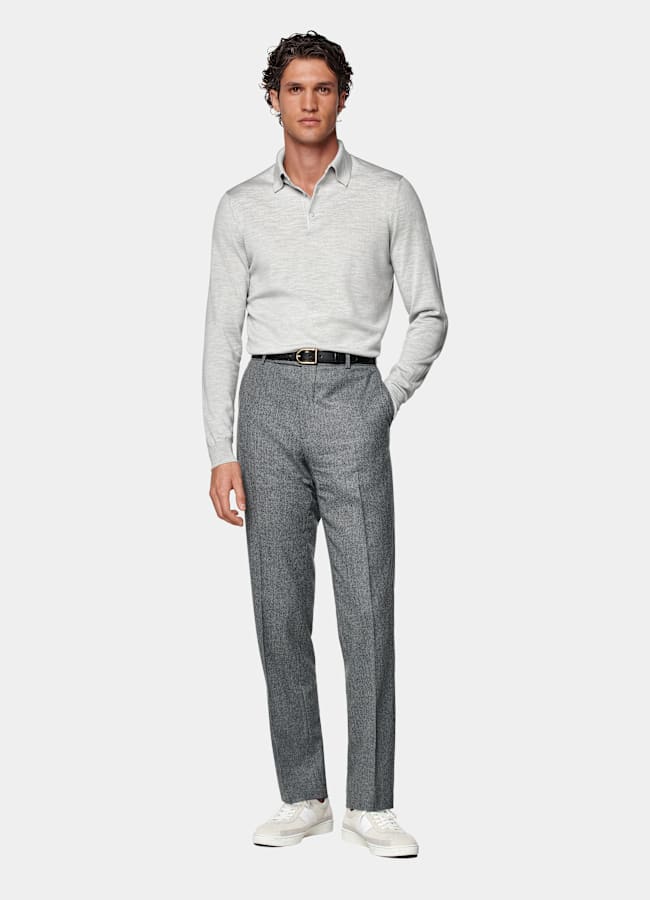SUITSUPPLY Pure Wool Light Grey Merino Long Sleeve Polo