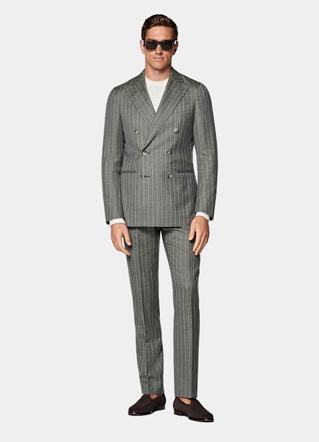 SUITSUPPLY Summer Wool Silk Linen by E.Thomas, Italy Light Green Striped Tailored Fit Havana Suit