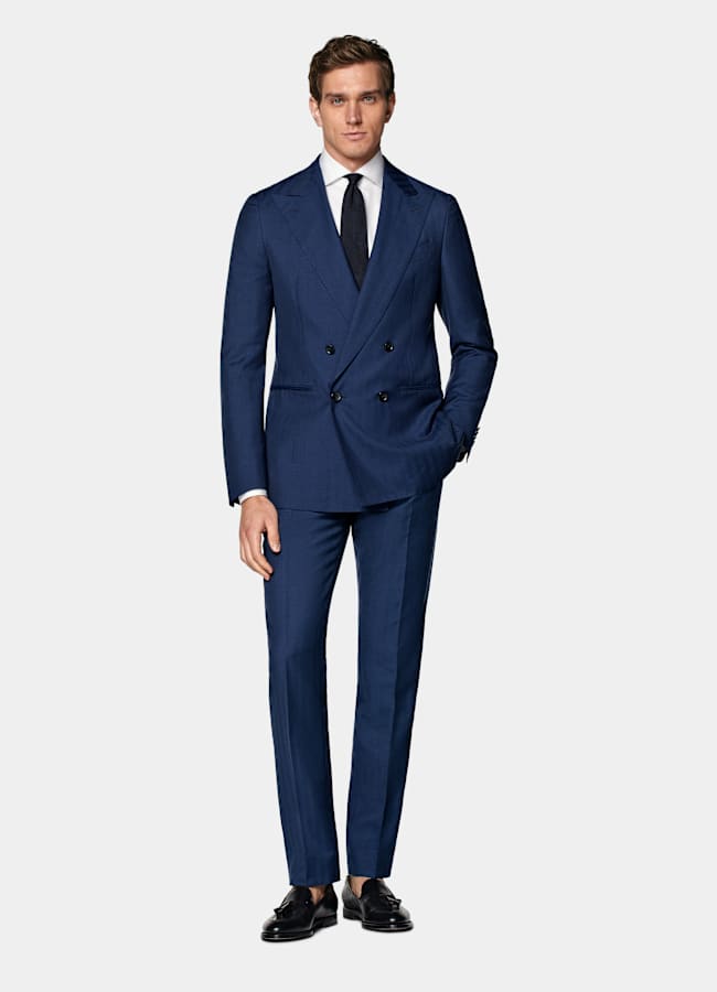 SUITSUPPLY All Season Wool Silk by Rogna, Italy Mid Blue Herringbone Perennial Tailored Fit Havana Suit