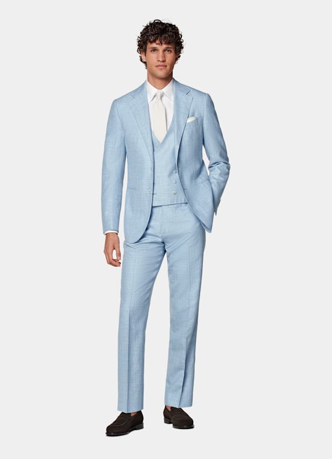 SUITSUPPLY Summer Wool Silk Linen by E.Thomas, Italy Light Blue Three-Piece Tailored Fit Havana Suit
