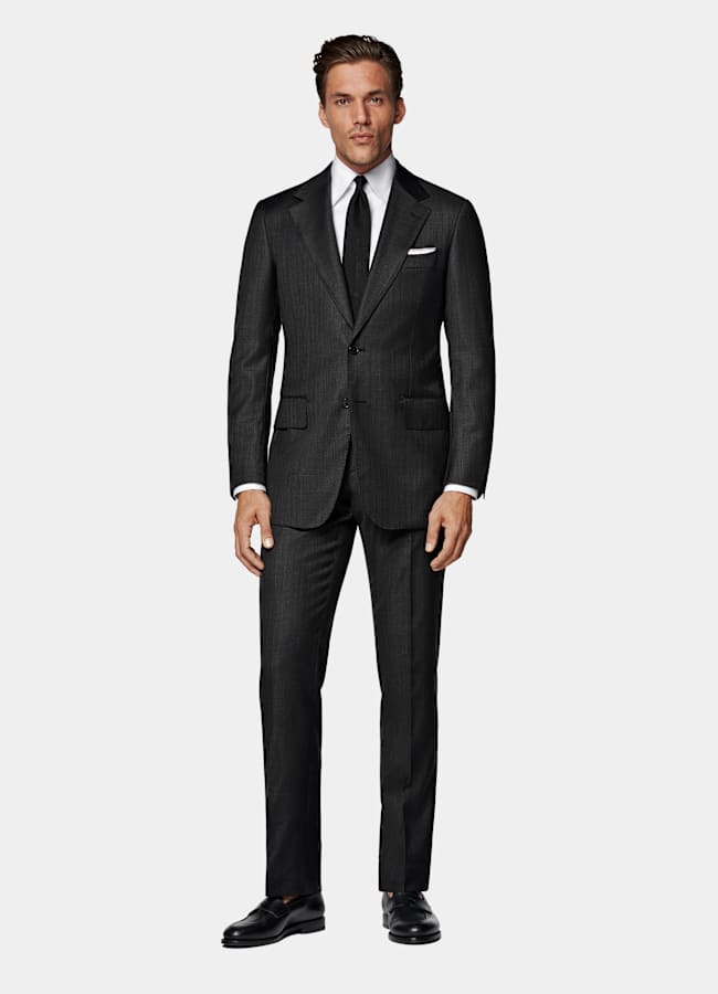 SUITSUPPLY All Season Pure S130's Wool by Carlo Barbera, Italy Dark Grey Striped Tailored Fit Milano Suit
