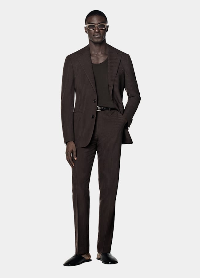 SUITSUPPLY Sommer Reine Schurwolle Seersucker von Delfino, Italien Roma Anzug dunkelbraun Relaxed Fit