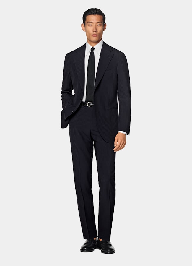 SUITSUPPLY Summer Pure Wool Seersucker by Delfino, Italy Navy Relaxed Fit Roma Suit