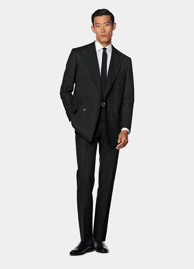 SUITSUPPLY All Season Pure Wool by Marling & Evans, United Kingdom Black Striped Tailored Fit Milano Suit