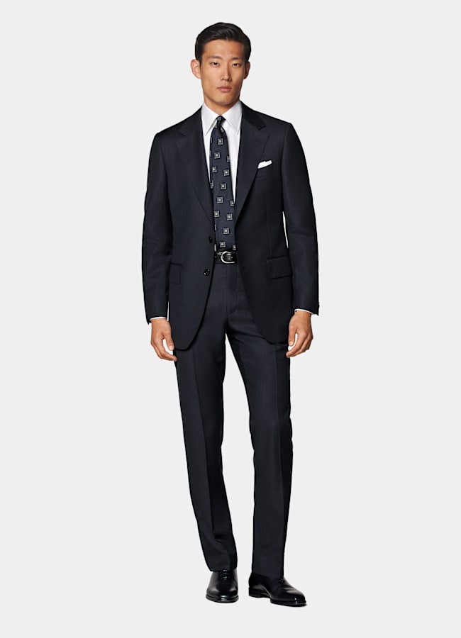 SUITSUPPLY All Season Pure S130's Wool by E.Thomas, Italy Navy Striped Tailored Fit Milano Suit