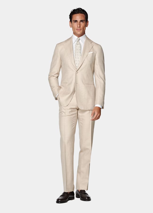 SUITSUPPLY Summer Wool Silk Linen by Rogna, Italy Sand Herringbone Tailored Fit Havana Suit