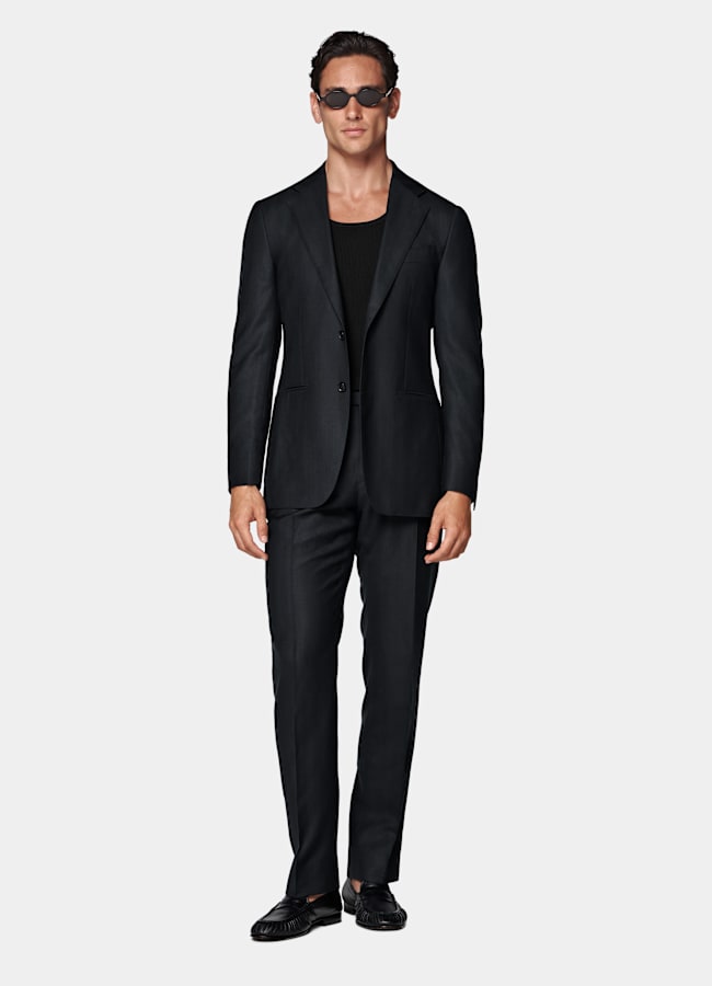 SUITSUPPLY Summer Wool Silk Linen by Rogna, Italy Navy Herringbone Tailored Fit Havana Suit