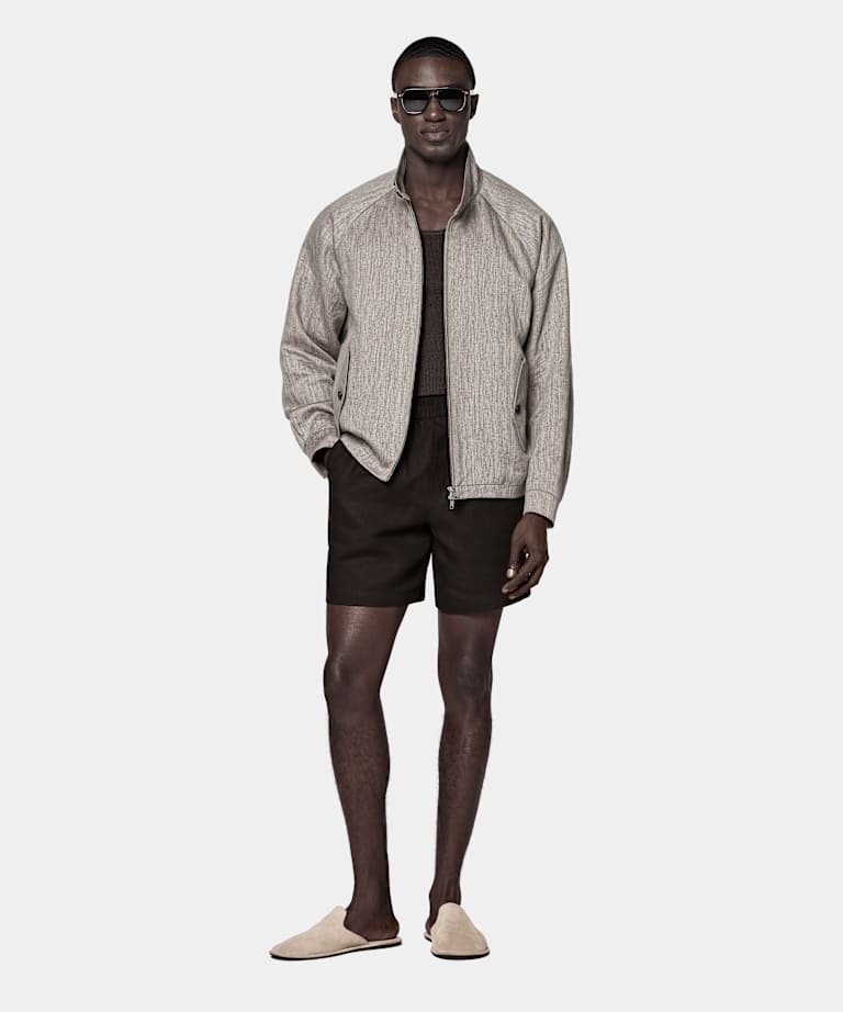 Dark Brown Herringbone Raglan Bomber Jacket