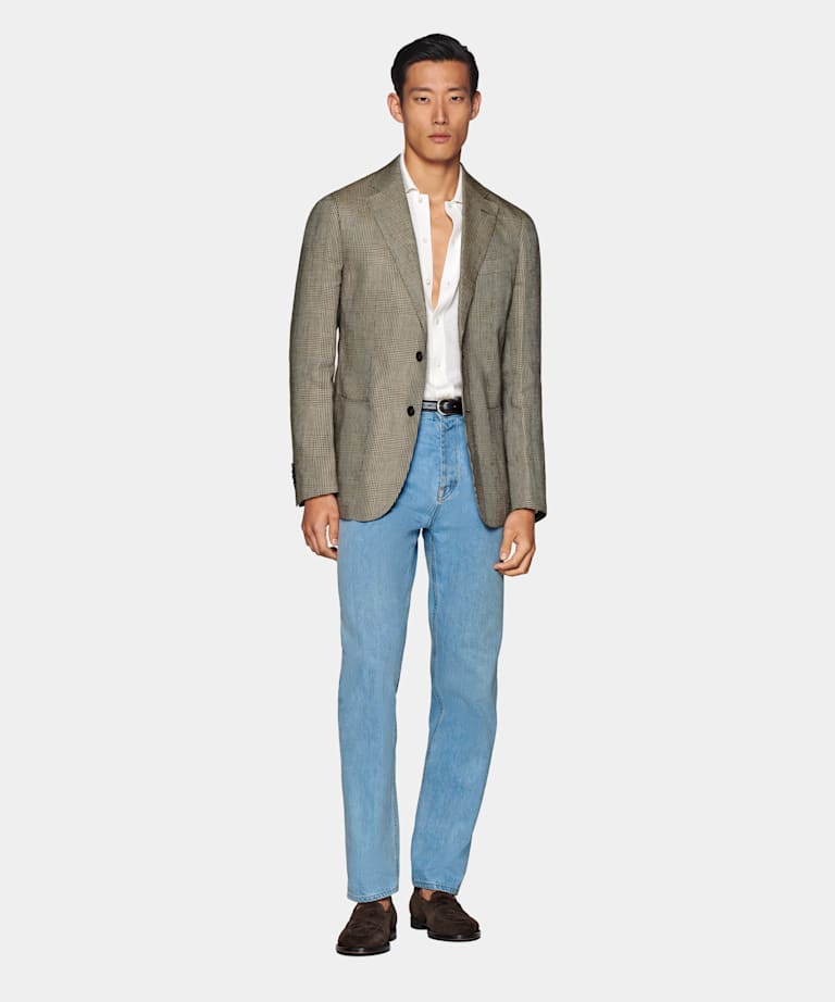 Mid Brown Checked Tailored Fit Havana Blazer