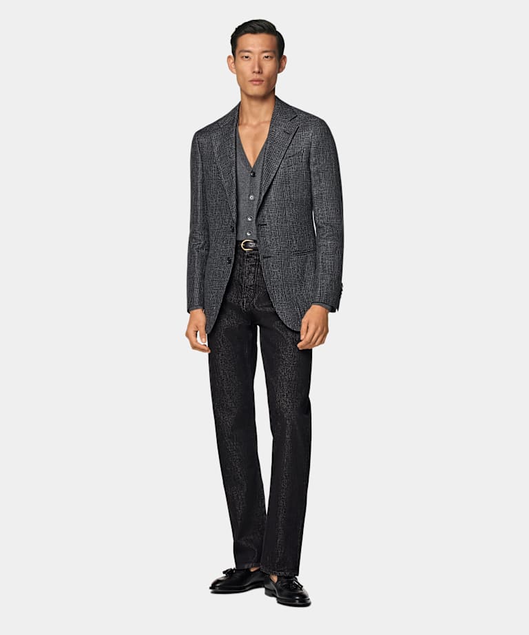 Dark Grey Checked Tailored Fit Havana Blazer