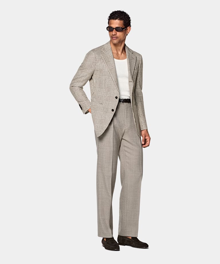 Mid Taupe Checked Relaxed Fit Roma Blazer