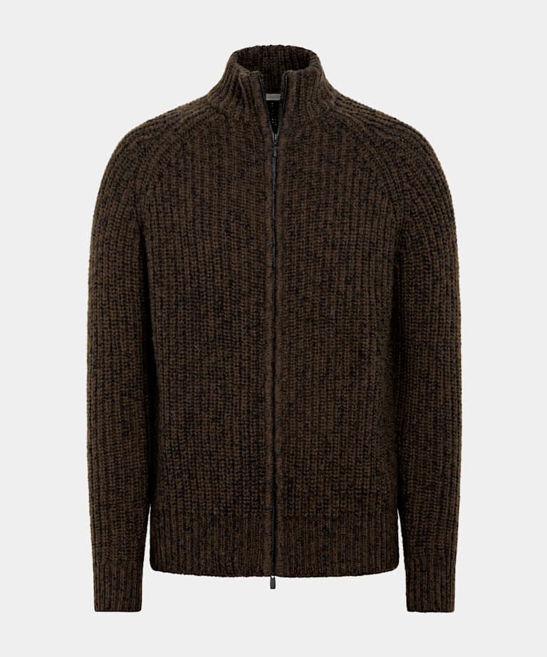 Mid Brown Ribbed Moulin&eacute; Zip Cardigan