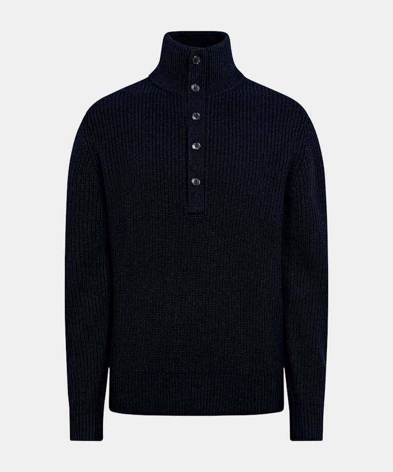 Navy Ribbed Long Sleeve Funnel-Neck