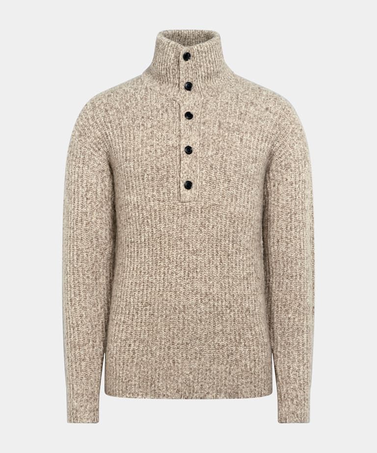 Light Brown Ribbed Moulin&eacute; Long Sleeve Funnel-Neck