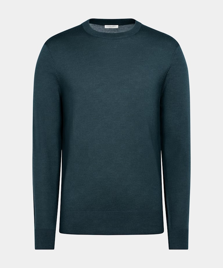 Pull col rond Merino bleu moyen