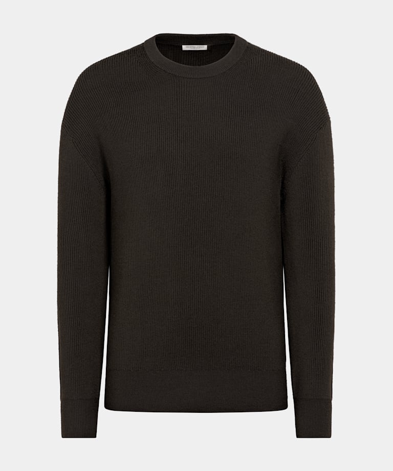 Ciemnobrązowy prążkowany sweter crewneck merino