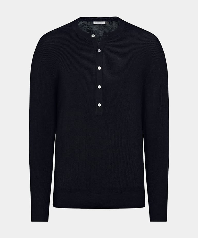 Granatowy sweter henley w prążki