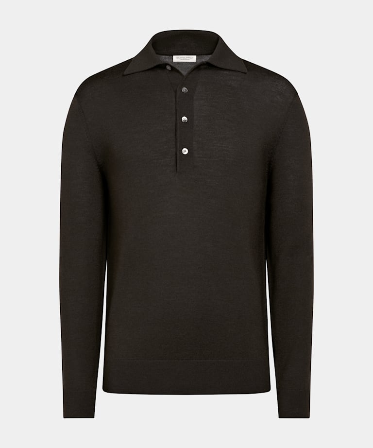 Dark Brown Merino Long Sleeve Polo