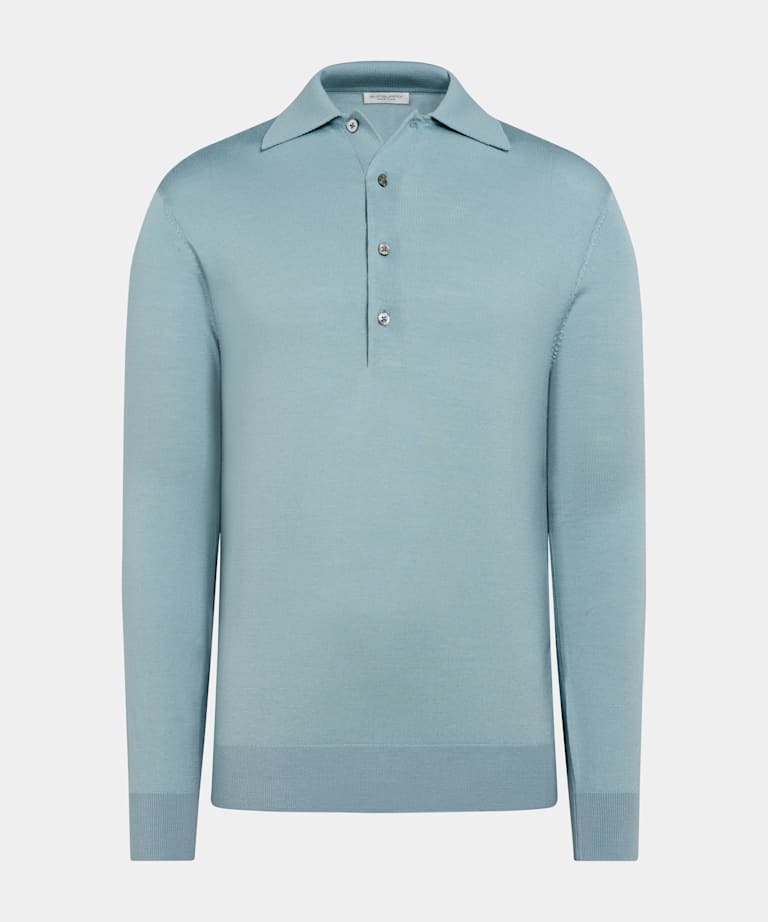 Light Blue Merino Long Sleeve Polo