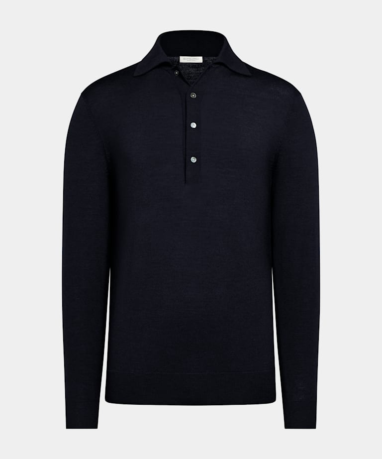 Navy Merino Long Sleeve Polo