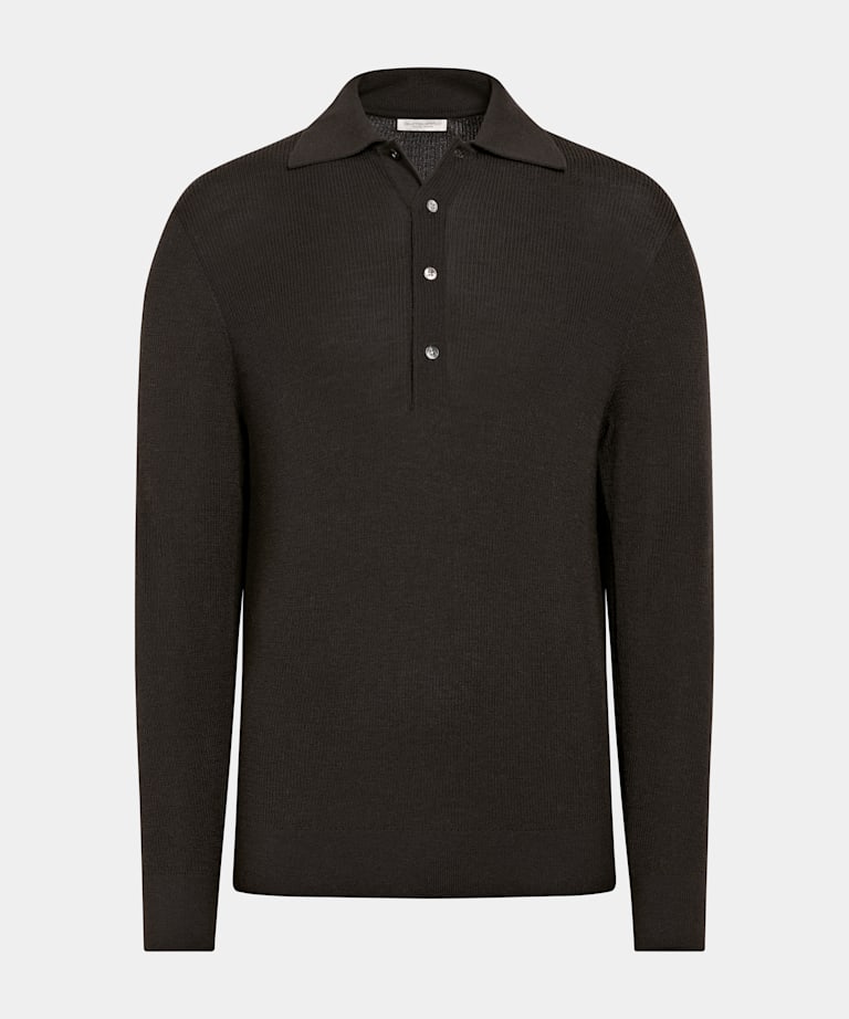 Polo z długimi rękawami ciemnobrązowa prążkowana Merino