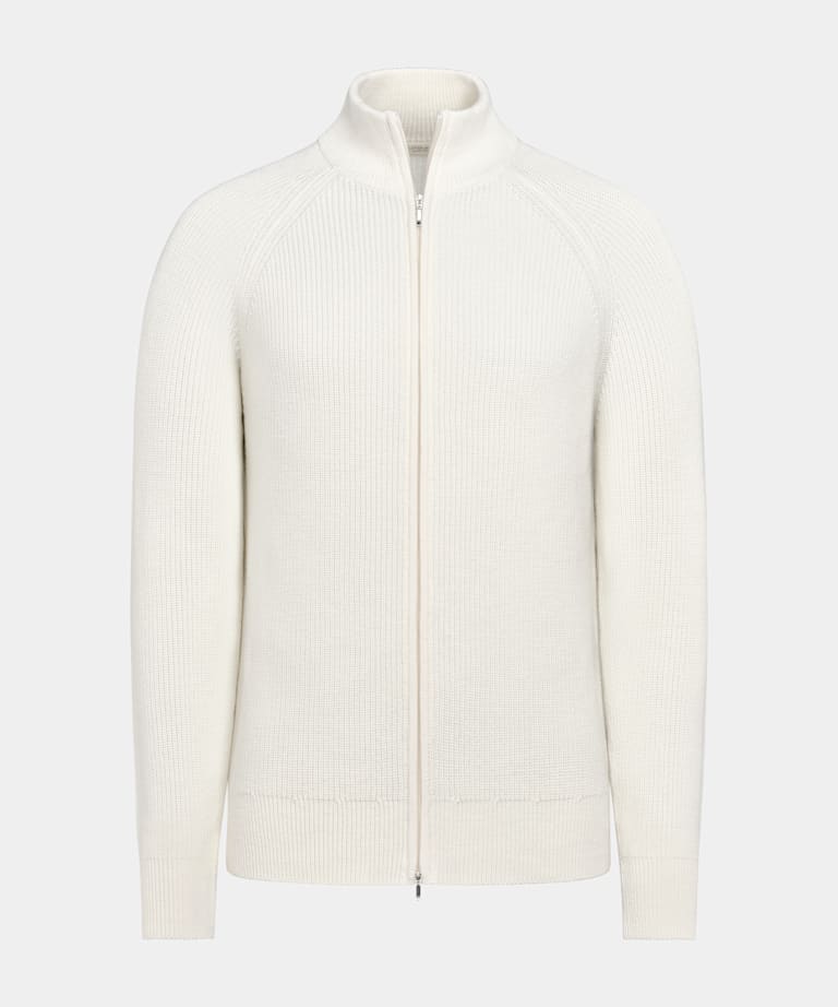Off-White Ribbed Zip Cardigan