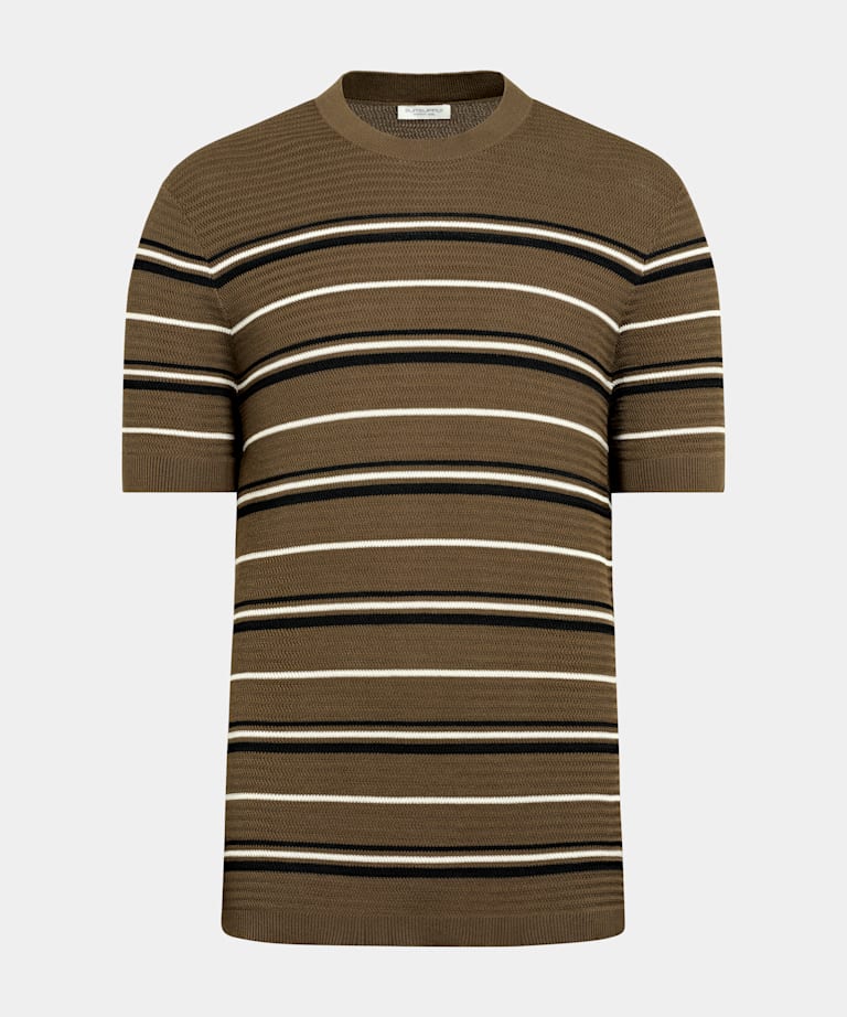 Dark Green Striped Jacquard Short Sleeve Crewneck