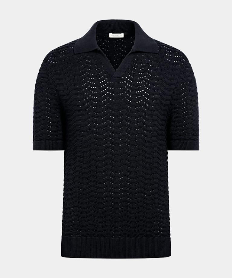 Navy Crochet Buttonless Polo