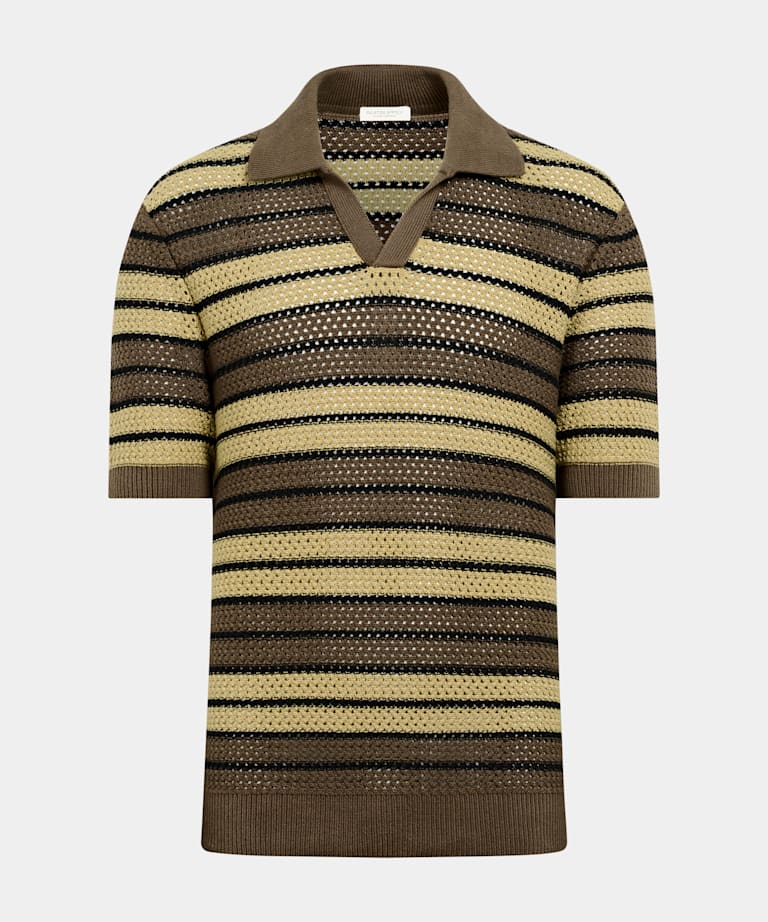 Mid Green Striped Crochet Buttonless Polo