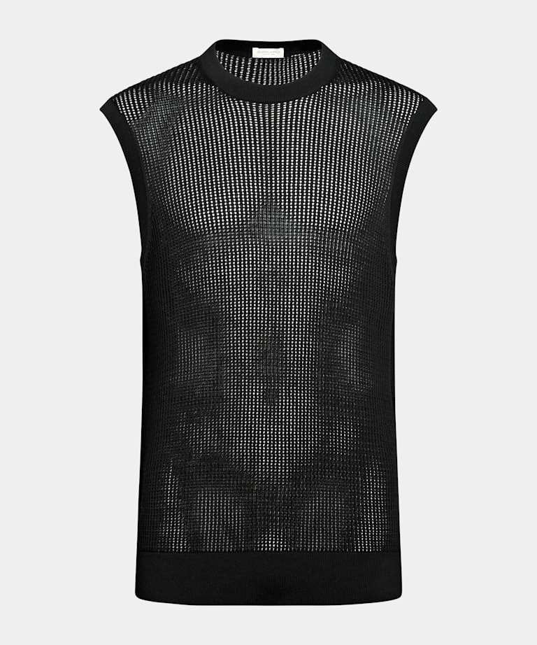 Black Crochet Sleeveless Crewneck