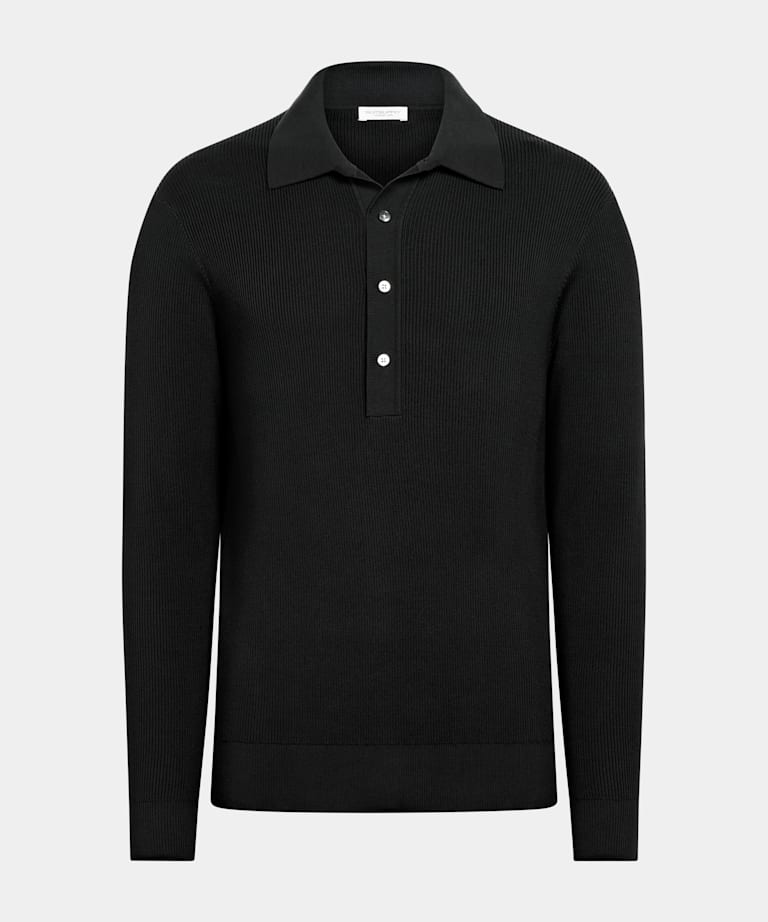Black Ribbed Long Sleeve Polo