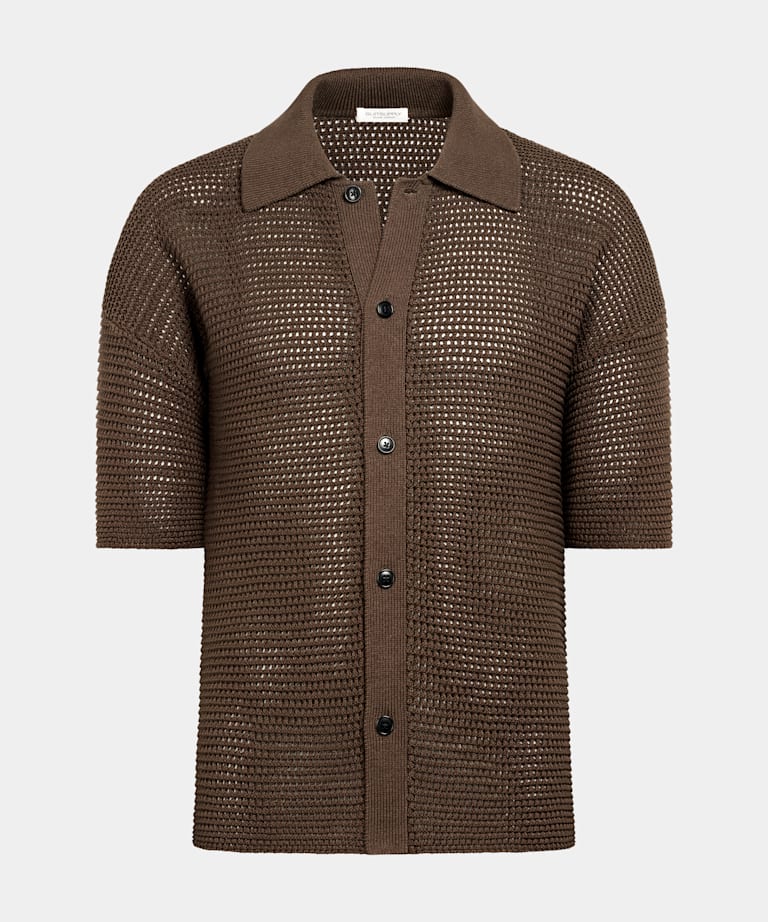 Mid Brown Crochet Polo Cardigan