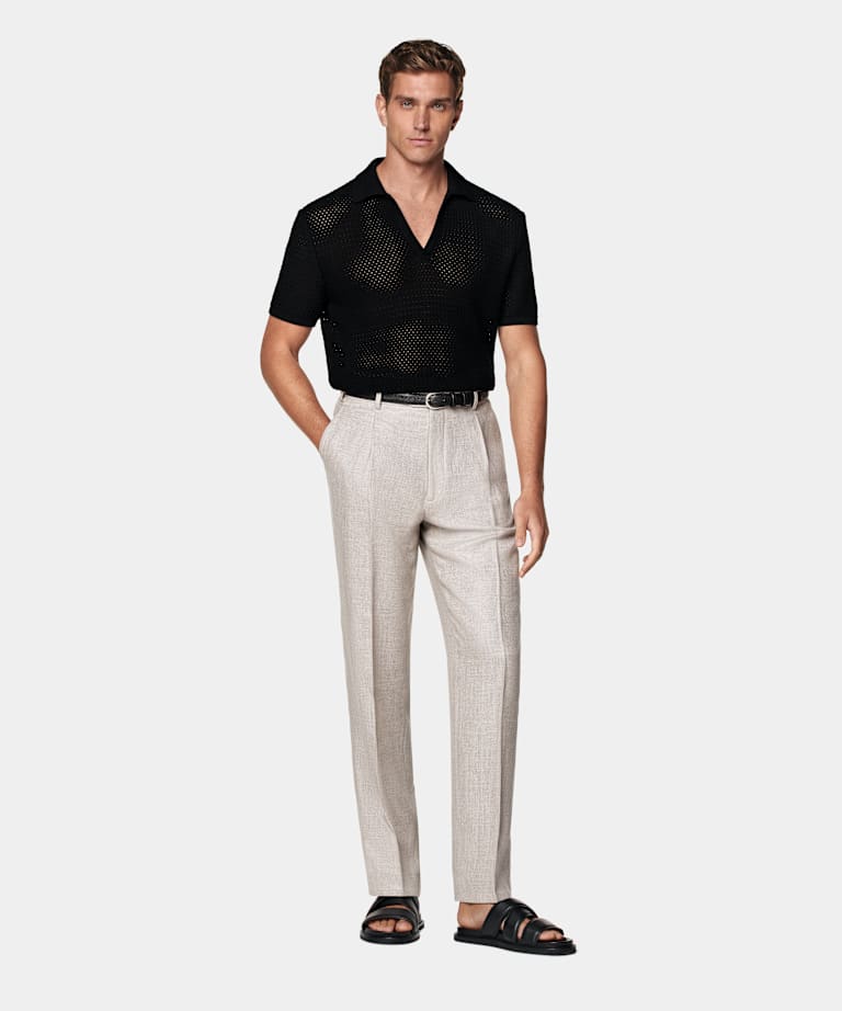 Black Crochet Buttonless Polo