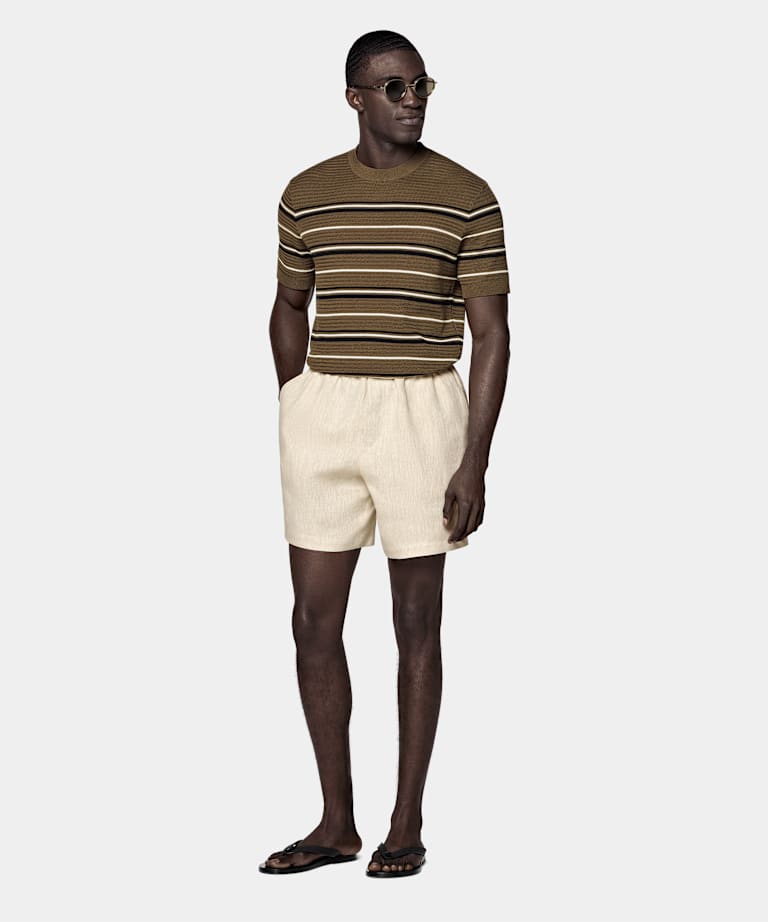 Dark Green Striped Jacquard Short Sleeve Crewneck