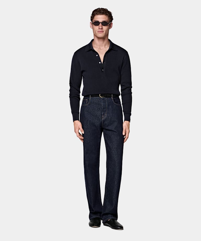 Polo manches longues bleu marine c&ocirc;tel&eacute;