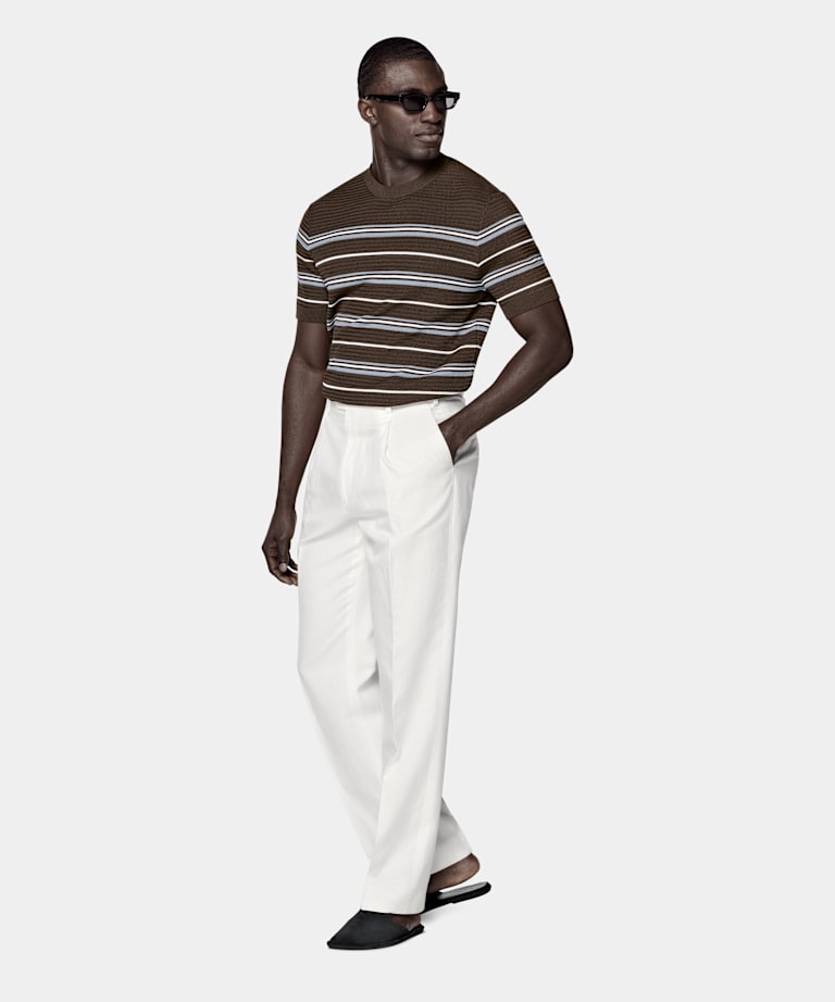 Mid Brown Striped Jacquard Short Sleeve Crewneck