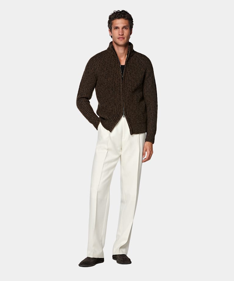 Mid Brown Ribbed Moulin&eacute; Zip Cardigan