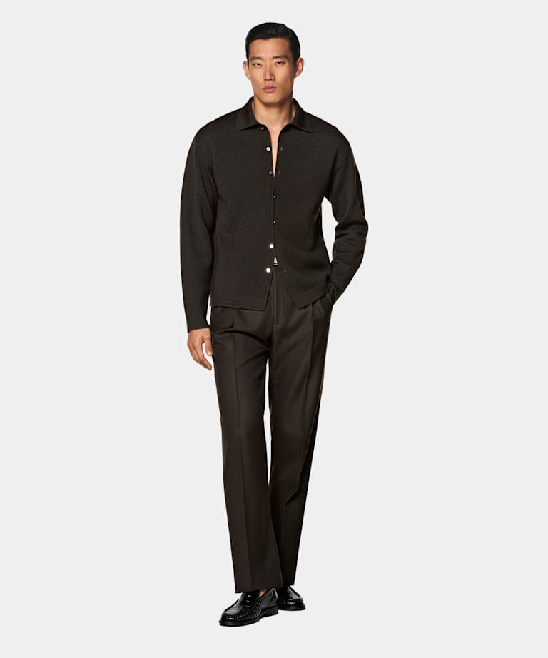 Dark Brown Long Sleeve Polo Cardigan