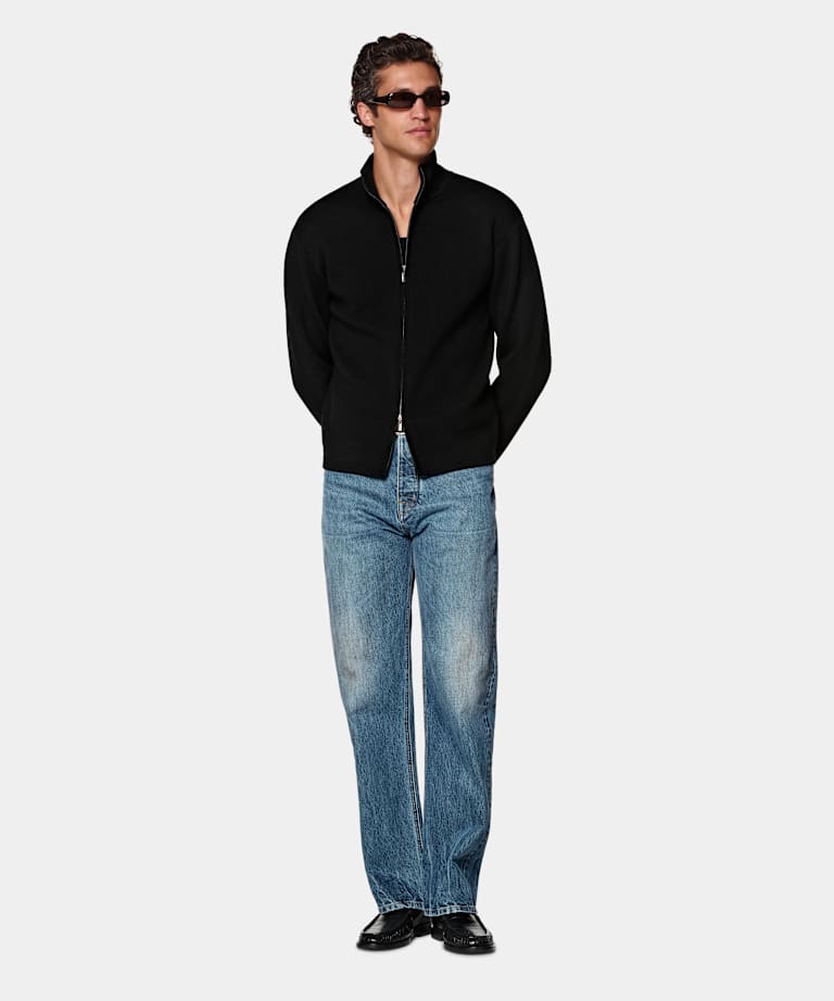 Black Merino Zip Cardigan