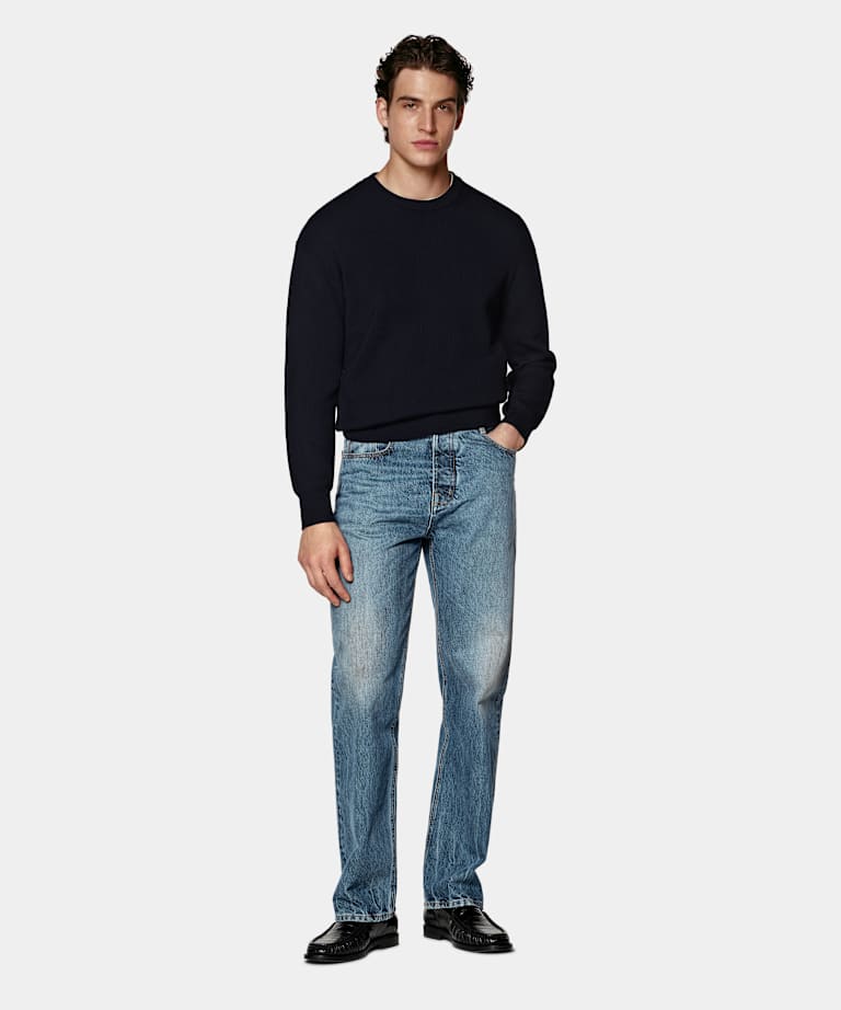 Navy Merino-Rundhals mit Rippstrick